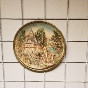Vintage Chalkware Wall Plaque, 3D Plate Plaster Large Round, Victorian Style